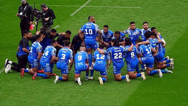 Samoa performing the Siva Tau against England at the 2021 Rugby League World Cup Siva tau.jpg