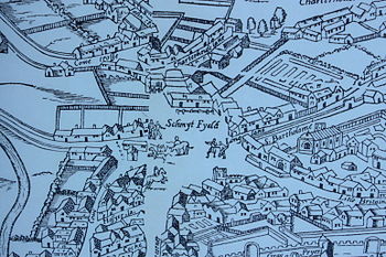 Smithfield from the "woodcut" map of c. 1561, illustrating its proximity with open fields to the west, and cattle pens by the City Smithfield as shown on the Agas map of 1561.JPG