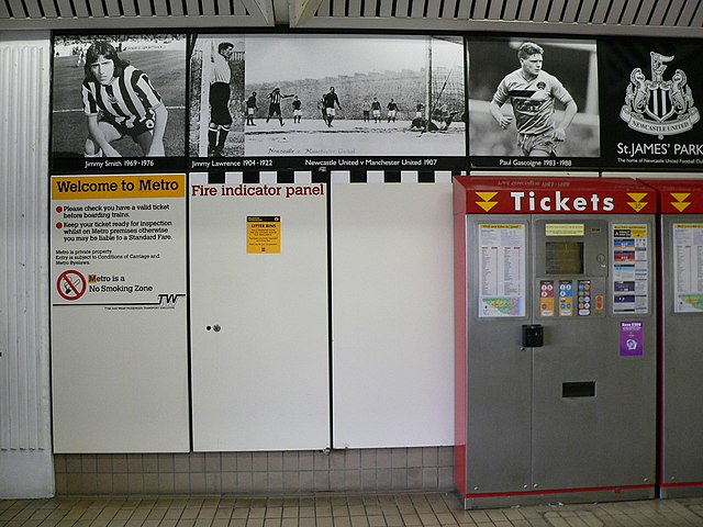 The St James Metro station ticket hall carries artwork depicting a timeline of the history of Newcastle United