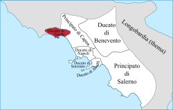 The states present in Campania around the year 1000. In red, the Duchy of Gaeta