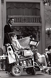 Hawking at an ALS convention in San Francisco in the 1980s Stephen Hawking - San Francisco ALS convention.jpg