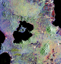 Satellite image showing the Main Crater lake on Volcano island, Taal Lake.