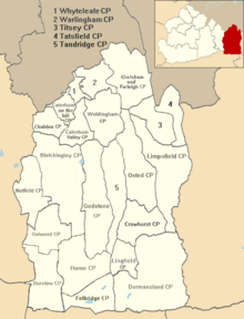 Map showing the position of Titsey in Tandridge Tandridge Civil Parishes.png