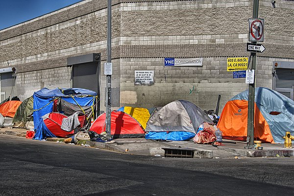 Tents of homeless people on the sidewalk in Skid Row, Los Angeles