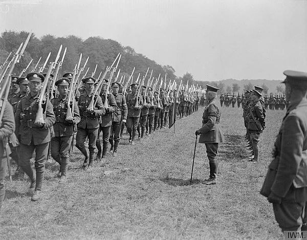 Troops of the 1st Battalion, Northamptonshire Regiment marching past Prince Arthur, the Duke of Connaught, at his inspection of the 2nd Brigade, near 