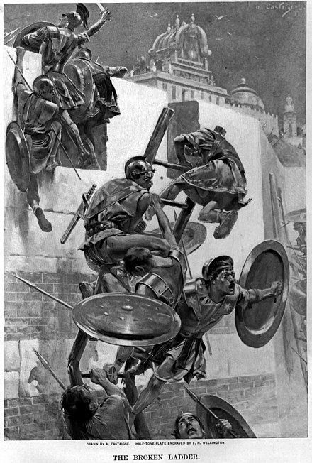 The ladder breaks stranding Alexander and a few companions, including Peucestas, within the Mallian town during the Mallian Campaign. André Castaigne (1898-1899).