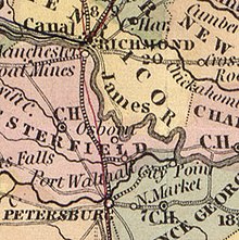 The tourists pocket map of the state of Virginia 1853, exhibiting its internal improvements roads distances. Cropped for City Point Railroad. The tourists pocket map of the state of Virginia - exhibiting its internal improvements roads distances - Cropped for City Point Railroad.jpg