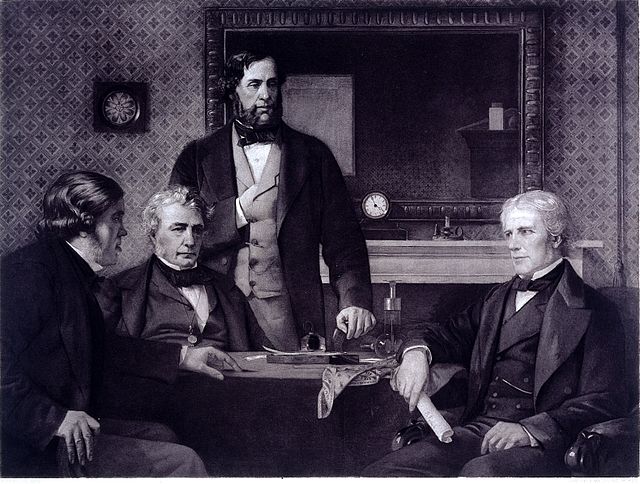 Three Fellows of the Royal Society offering the presidency to Faraday, 1857