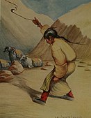 Ilustrasi seorang gadis Tibet mengumbankan batu ke arah kambingnya.