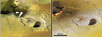 Two images taken by Galileo over the course of three months showing the shifting regions of lava flow. The Galileo probe observed a lava curtain erupting from the small patera in the centre of the image, and the lava lake from the larger one above it.