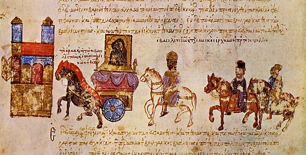 The Byzantine Emperor John Tzimiskes returns in triumph in Constantinople with the captured Boris II and icons from Preslav.
