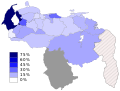 Procento hlasů UNT v rámci opoziční koalice v regionálních volbách ve Venezuele v roce 2008. Stát Amazonas (v šedé barvě) se nezúčastnil.
