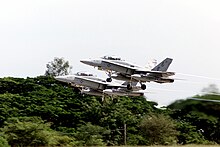 Two VMFA(AW)-332 Hornets take off from Korat, May 2000. USMC F-18D Hornet VMFA-332 Korat 2000.jpg