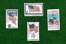 Flags depicted on U.S. postage stamp issues US Flags green (cropped).jpg