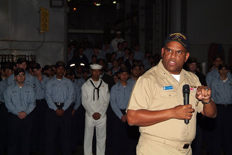 File:US Navy 060407-N-4772B-083 Commander, Amphibious Force, 7th Fleet, Rear Adm. Victor Guillory address the crew of the amphibious dock landing ship USS Harpers Ferry (LSD 49).jpg