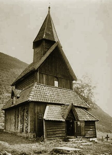 View of Urnes stave church by Axel Lindahl, 1880s, with the ancient portal in the north wall