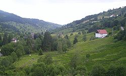 Typická krajina ve Vogézách, údolí Chajoux, La Bresse, Francie