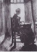 Peasant woman seated before an open door, peeling potatoes