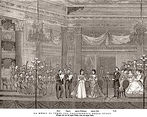 Second performance of the Requiem, at La Scala on 25 May 1874, with Verdi conducting. The soloists depicted are (left to right) Ormondo Maini [it], Giuseppe Capponi, Maria Waldmann, and Teresa Stolz