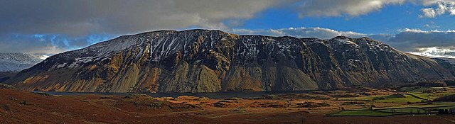 Panorama of the Wasdale screes descending into Wastwater, the deepest lake in England.