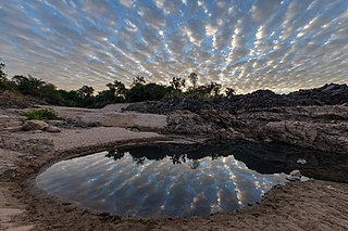 Water reflection of stringy gray and white clouds in a pond on a sand beach of Don Khon at sunrise in Laos.jpg