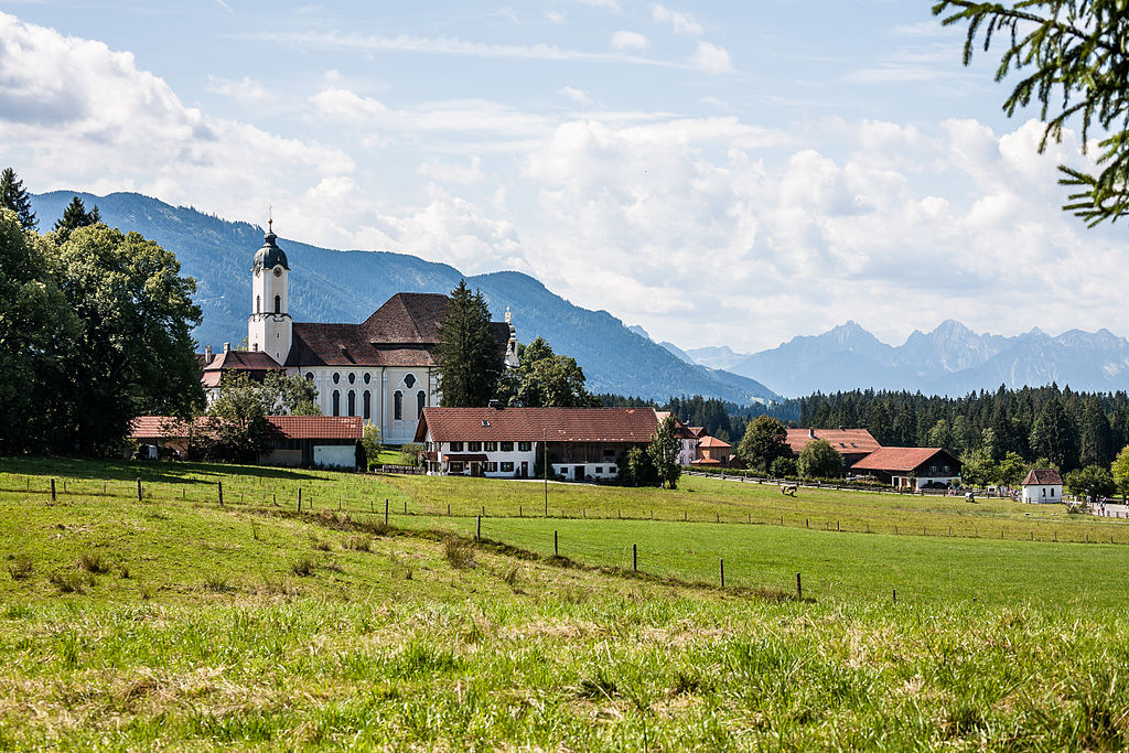 Wieskirche in front of the Alps