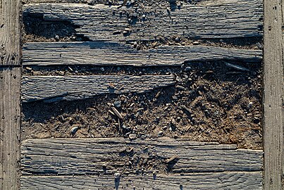 Wooden bridge detail, Sunrise trail, Machias, Maine, US