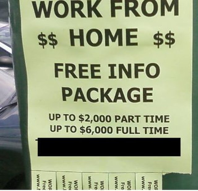 An advertisement for possibly fraudulent "work-at-home scheme"