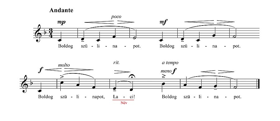 The music score of the song "Happy birthday to you" in Hungarian.