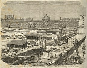 The North (Richelieu) Wing under construction, with the Pavillon de Flore and the Tuileries in the background