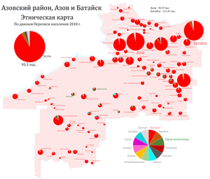 Этническая карта Азовского района, Азова и Батайска по каждому населённому пункту, перепись 2010 г.