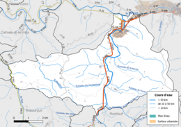 Barevná mapa znázorňující hydrografickou síť obce