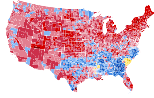 Results by county, shaded according to winning candidate's percentage of the vote 