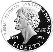 Obverse 1994 Thomas Jefferson 250th Anniversary Silver Dollar Obverse.jpg