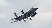 A US Air Force F-15C Eagle, tail number 81-0031, on final approach at Kadena Air Base in Okinawa, Japan. It is assigned to the 44th Fighter Squadron at Kadena AB.