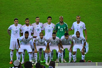 Algeria national football team in 2015
From Left to Right:
Standing : Medjani (Trabzonspor) - Ghoulam (Napoli) - Bentaleb (Tottenham Hotspur) - Mandi (Stade Reims) - M'Bolhi (Philadelphia Union) - Bougherra (Al-Fujairah) (C)
Crouching Soudani (Dinamo Zagreb) - Feghouli (Valencia) - Mahrez (Leicester City) - Taider (Sassuolo) - Brahimi (Porto). ACON 2015 CIV ALG (16511337801).jpg