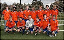 ANU FC team on Willows Oval wearing alternate orange playing strip ANU team orange strip.JPG