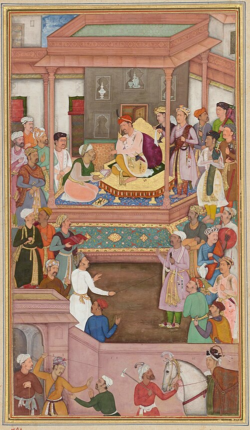 Abu'l-Fazl, one of the disciples of Din-i Ilahi, presenting Akbarnama to Akbar, Mughal miniature