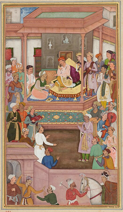 Abu'l-Fazl presents Akbarnama to Akbar (CBL In 03.176)