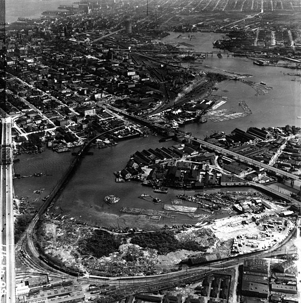 Aerial view, 1947. Granville Island at centre-right.