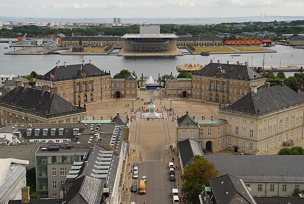 The palaces (or mansions) of Amalienborg, surrounding the courtyard (seen from Frederik's Church)