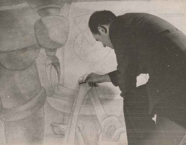 Abraham Lishinsky working on The Major Influences in Civilization at the school in 1939. From the collection of the Archives of American Art.