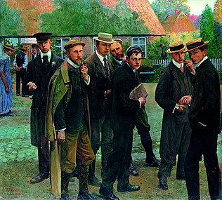 Maleri af Arthur Siebelist: Meine Schüler und ich, 1902 − Nölken er nr. tre fra venstre med grøn hat