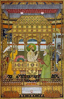 Azim ush-Shan on the imperial throne receives the investiture of Khizr ca. 1712 Bibliothèque nationale de France, Paris.jpg