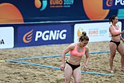 Deutsch: Beachhandball Europameisterschaften 2019 (Beach handball Euro); Tag 5: 6. Juli 2019 – Frauen, Platzierungsspiel für die Ränge 17–20, Nordmazedonien-Slowenien 0:2 (10:13, 9:15) English: Beach handball Euro; Day 5: 6 July 2019 – Placement Match/Cross Match for rank 17–20 Women – North Macedonia-Slovenia 0:2 (10:13, 9:15)