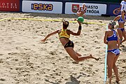 Deutsch: Beachhandball Europameisterschaften 2019 (Beach handball Euro); Tag 2: 3. Juli 2019 – Frauen, Vorrunde Gruppe C, Spanien-Griechenland 2:1 (12:20, 18:16; 8:2) English: Beach handball Euro; Day 2: 3 July 2019 – Women Preliminary Round Group C – Spain-Greece 2:1 (12:20, 18:16; 8:2)