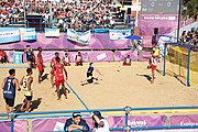 Deutsch: Bachhandball bei den Olympischen Jugendspielen 2018; Tag 3, 9. Oktober 2018; Jungs, Vorrunde, Gruppe B - Argentinien-Mauritius 2:1 English: Beach handball at the 2018 Summer Youth Olympics at 9 October 2018 – Boys Preliminary Round Group B‎ – Argentina-Mautitius 2:1