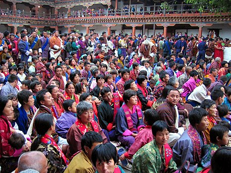 Bhutanese people in national dress at the Wangdi Phodrang festival.