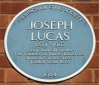 Blue plaque on factory building in Carver Street, Birmingham Blue plaque Joseph Lucas.jpg