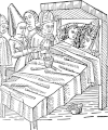 एक मध्ययुगीन शादी समारोह के जर्मन लकड़ी का सांचा (बिस्तर पर एक बिशप खड़ा है)